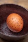 Коричневое яйцо в миске — стоковое фото