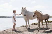 Girl petting horses on sandy beach — Stock Photo