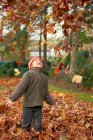 Garçon jouer dans les feuilles d'automne — Photo de stock