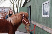 Frau füttert Pferd im Freien — Stockfoto