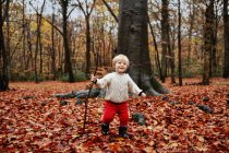 Caminhada de criança em folhas de outono — Fotografia de Stock