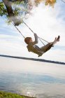 Boy swinging from tree by lake — Stock Photo