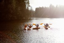 Kayakers sosteniendo remos remos en todavía lago - foto de stock