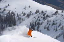 Людина катається на лижах вниз сніговий гірський схил — стокове фото