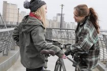 2 девушки болтали с толкающими велосипедами — стоковое фото