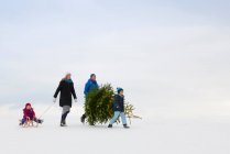 Familie spaziert gemeinsam im Schnee — Stockfoto