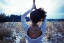 Metà donna adulta pratica in piedi albero yoga posa — Foto stock