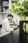 Cientista que olha usando o microscópio no laboratório do centro de pesquisa do crescimento da planta — Fotografia de Stock