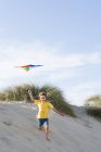 Un chico volando una cometa - foto de stock