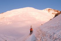 Male climber carrying skis up mountain, Emmons Glacier, Mount Rainier National Park, Washington, USA — Stock Photo