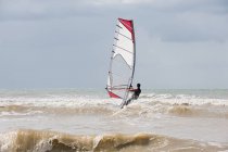 Vista trasera del windsurfista que monta en la superficie de agua ondulada - foto de stock