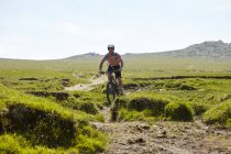 Велогонщик спускается с холма — стоковое фото
