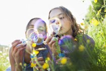 Sisters sitting in field of flowers and blowing bubbles — Stock Photo