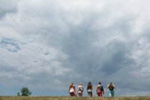 Vista posteriore di cinque amici che camminano in campo sotto nuvole piovose — Foto stock