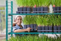 Jeune vendeuse organisant des étagères de plantes en jardinerie — Photo de stock