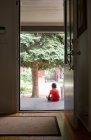 Young boy sitting on front step of house, rear view — Stock Photo