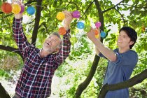Father and adult son putting fairy lights in tree — Stock Photo