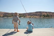 Хлопчики рибалять біля озера — стокове фото