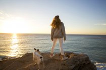 Вид ззаду на жінку і собаку, що спостерігає за заходом сонця зі скелі — стокове фото