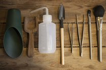 Top view still life of gardening tools placed in a row on wooden surface — Stock Photo
