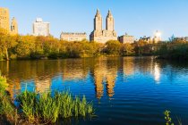 Vista lago e grattacieli da Central Park, New York, USA — Foto stock