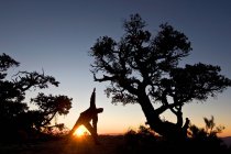 Homem que se estende ao nascer do sol no Parque Nacional do Vale da Morte, Califórnia, EUA — Fotografia de Stock