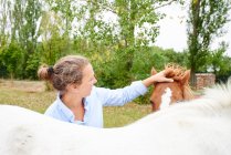 Frau streichelt Pferd das Vorderbein in Feld — Stockfoto