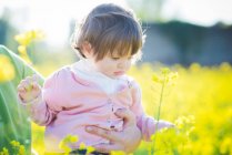 Female toddler touching yellow blossoms in field — Stock Photo