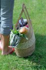 Imagen recortada de cesta de picnic en la hierba cerca de la mujer - foto de stock