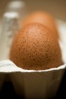 Ovos salpicados em caixa de ovo — Fotografia de Stock