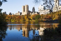 Reflet des gratte-ciel et des arbres dans le lac Central Park — Photo de stock