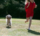 Girl playing with dog in backyard, cropped view — Stock Photo