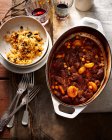 Stewed meat and beans with rice — Stock Photo