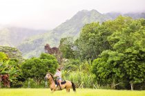 Femme mûre équitation cheval dans le champ — Photo de stock