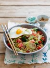 Chicken and egg with noodles — Stock Photo