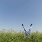 Boy doing handstand in tall grass — Stock Photo