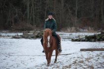 Жінка верхи на коні в снігу — стокове фото