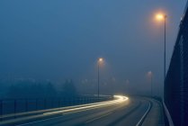 Light trails on misty road illuminated by street lights — Stock Photo