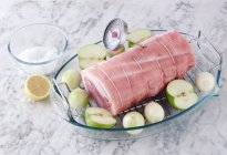 Thermometer in raw pork — Stock Photo