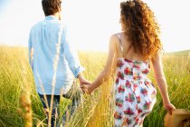Пара держащихся за руки на пшеничном поле — стоковое фото