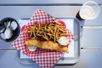 Peixe e batatas fritas com molhos em guardanapo de pano xadrez — Fotografia de Stock
