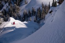 Skifahrer rast verschneiten Hang hinunter — Stockfoto