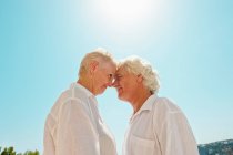 Älteres Paar rührt Nase im Freien an — Stockfoto
