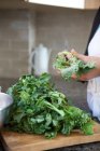 Обрезанный образ женщины, режущей зеленый салат — стоковое фото