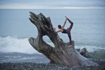 Mature woman practicing yoga position on large driftwood tree trunk at beach — Stock Photo