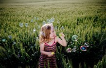 Дівчина дме бульбашки в пшеничному полі — стокове фото