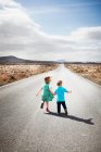 Дети ходят по асфальтированной сельской дороге — стоковое фото