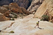 Senderismo femenino joven en roca, Mount Wilson, Nevada, EE.UU. - foto de stock