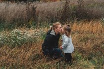 Mulher adulta média beijando filha criança no campo de grama longa — Fotografia de Stock