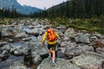 Visão traseira do homem adulto médio carregando mochila andando no leito do rio rochoso, lago Moraine, Banff National Park, Alberta Canadá — Fotografia de Stock